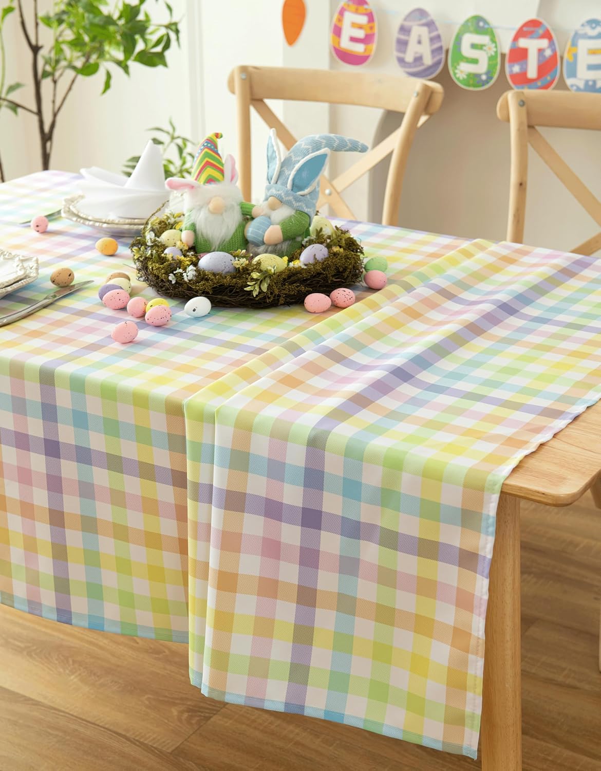 Waterproof Plaid Easter Tablecloth Fabric - Spring Square 58x58 Inch Classic Gingham Checker Holiday Table Cloth for Indoor Outdoor Use - Table Cover for Picnics, BBQs, and Parties