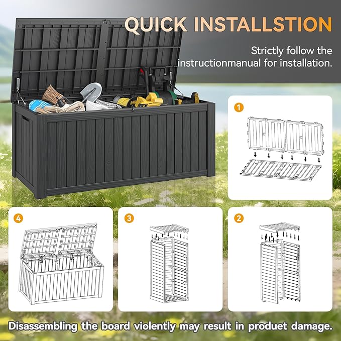 NUNU LAB 180 Gallon Outdoor Storage Box, Large Resin Deck Box with Double Wall Panels, Waterproof Patio Storage Bin for Garden Tools, Pool Accessories, Package Deliveries & Outdoor Gear