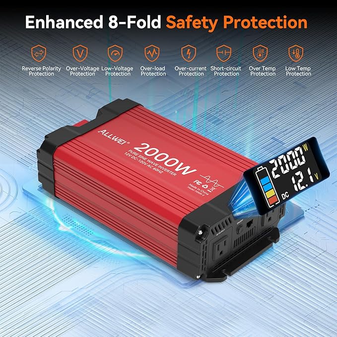 ALLWEI 2000W Pure Sine Wave Inverter 12V DC to 110V/120V AC Converter, Surge 4000W, 2 AC Sockets, LCD Display, Power Inverters for Vehicles, RV Truck Home Solar & Off-Grid Inverter, Remote Controller