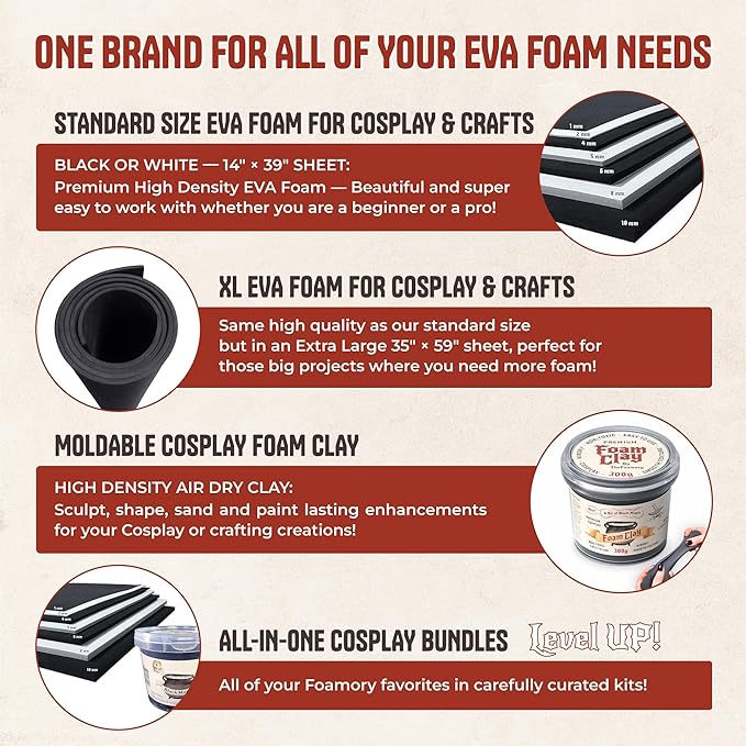 The Foamory's No Waste Full Round EVA Foam Dowels. 3 Pack 5-40mm x 1M High-Density Black Craft Foam Sticks. Pre-Cut, Paint-Ready Cosplay Trim. Time Saving, Bevel Enhances Armor, Weapons and Costumes