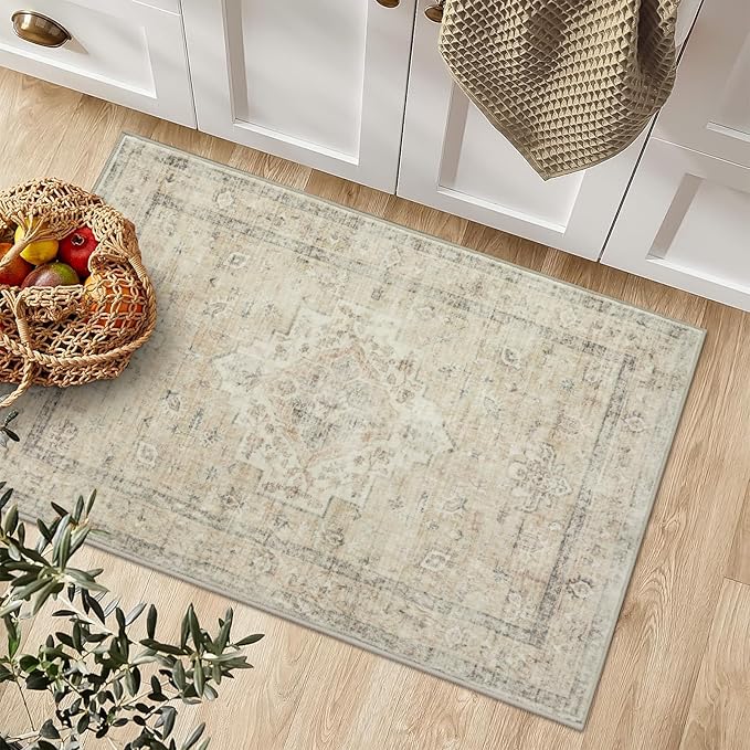 LIVEBOX Washable Rug 2x3 Kitchen Mats for Floor Entryway, Non Slip Front Door Mat for Bathroom Hallway, Boho Low-Pile Small Carpet Farmhouse Throw Indoor Rugs for Bath Sink, Tan