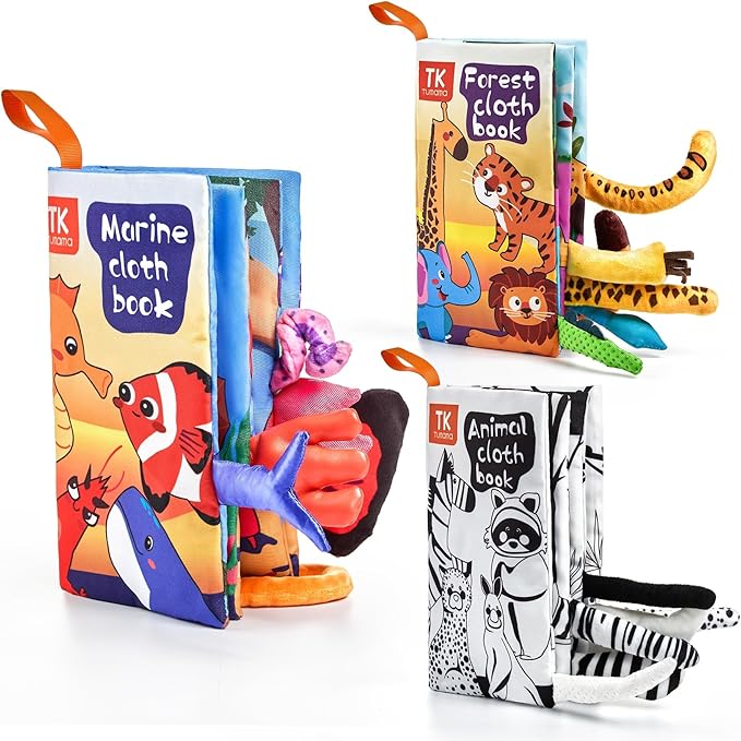 TUMAMA TK 3PCS Baby Books 0-6 Months, Soft Cloth Books for Babies Infants Toddler, Touch and Feel Crinkle Cloth Books 6 to 12 Months, Early Development Interactive Toys Gifts for Boys Girls