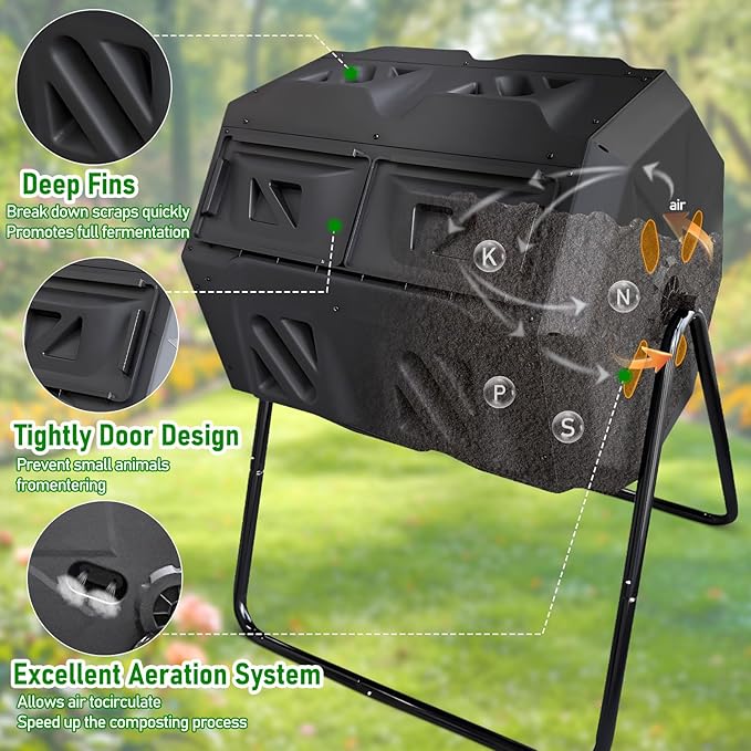 Compost Bin, 43 Gallon Dual Chamber Composter Tumbler Outdoor with 2 Sliding Door and Aeration System, BPA-Free Large Rotating Composting Bin for Garden, Kitchen, and Yard Waste, Black
