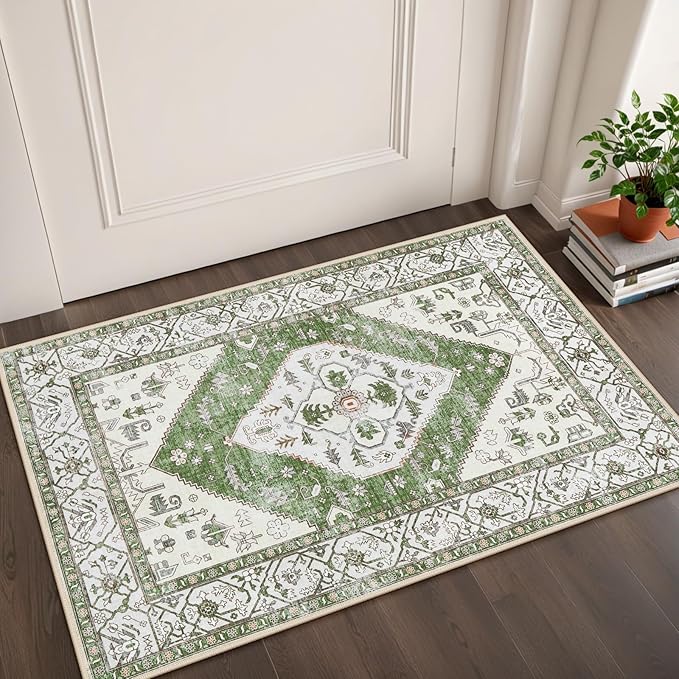 Lahome Boho Indoor Rugs for Entryway - 2x3 Area Rug Non-Slip Backing Washable Inside Door Mats Low-Profile Throw Rugs for Bathroom, Vintage Print Distressed Rug for Kitchen Bedside (Green, 2'x3')