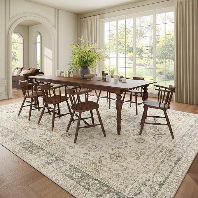 Washable 9x12 Area Rugs for Living Room, Boho Non-Slip Silicone Backing Rugs for Bedroom Dining Room Nursery Office, 0.3" Neutral Oriental Throw Carpet with 0.16" Cushioning Pad, Grey/Multi