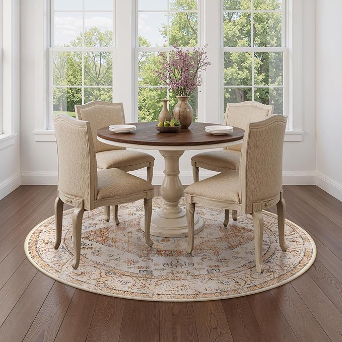 Lahome Boho Round Area Rug - 5Ft Machine Washable Round Bedroom Rugs Non-Slip Throw Large Round Rugs for Living Room, Oriental Distressed Print Circle Rugs for Office Dining Room Kitchen Classroom