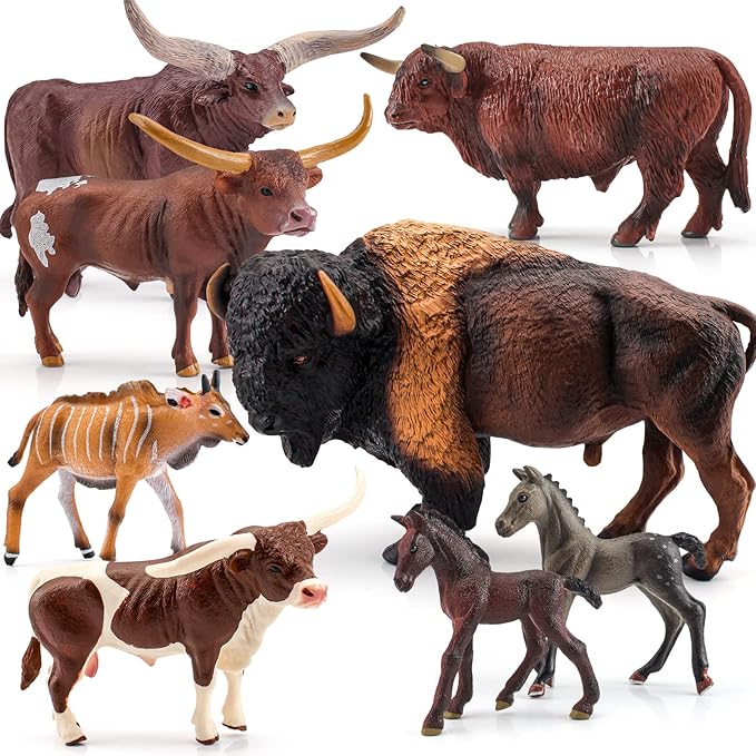 Bull Toys Playset: 8pc Longhorn, Cows, Horses & Antelope Figures for Kids' Parties & Toddlers Collection