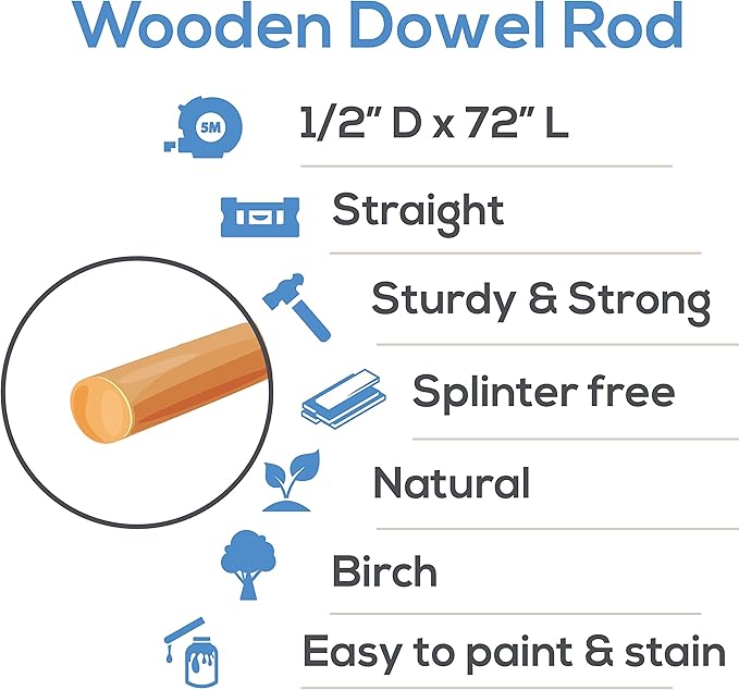 Dowel Rods Wood Sticks Wooden Dowel Rods - 1/2 x 72 Inch Unfinished Hardwood Sticks - for Crafts and DIYers - 5 Pieces by Woodpeckers
