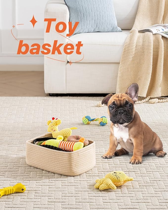 KALLAX Small Woven Basket, 12 x 8 x 4.5 Inches, Storage Basket for Organizing, Cute Small Rope Shelf Closet Cube Storage Bins Baskets for Shelves, Dog Toy Gift Baskets Empty, 3 Packs, Beige