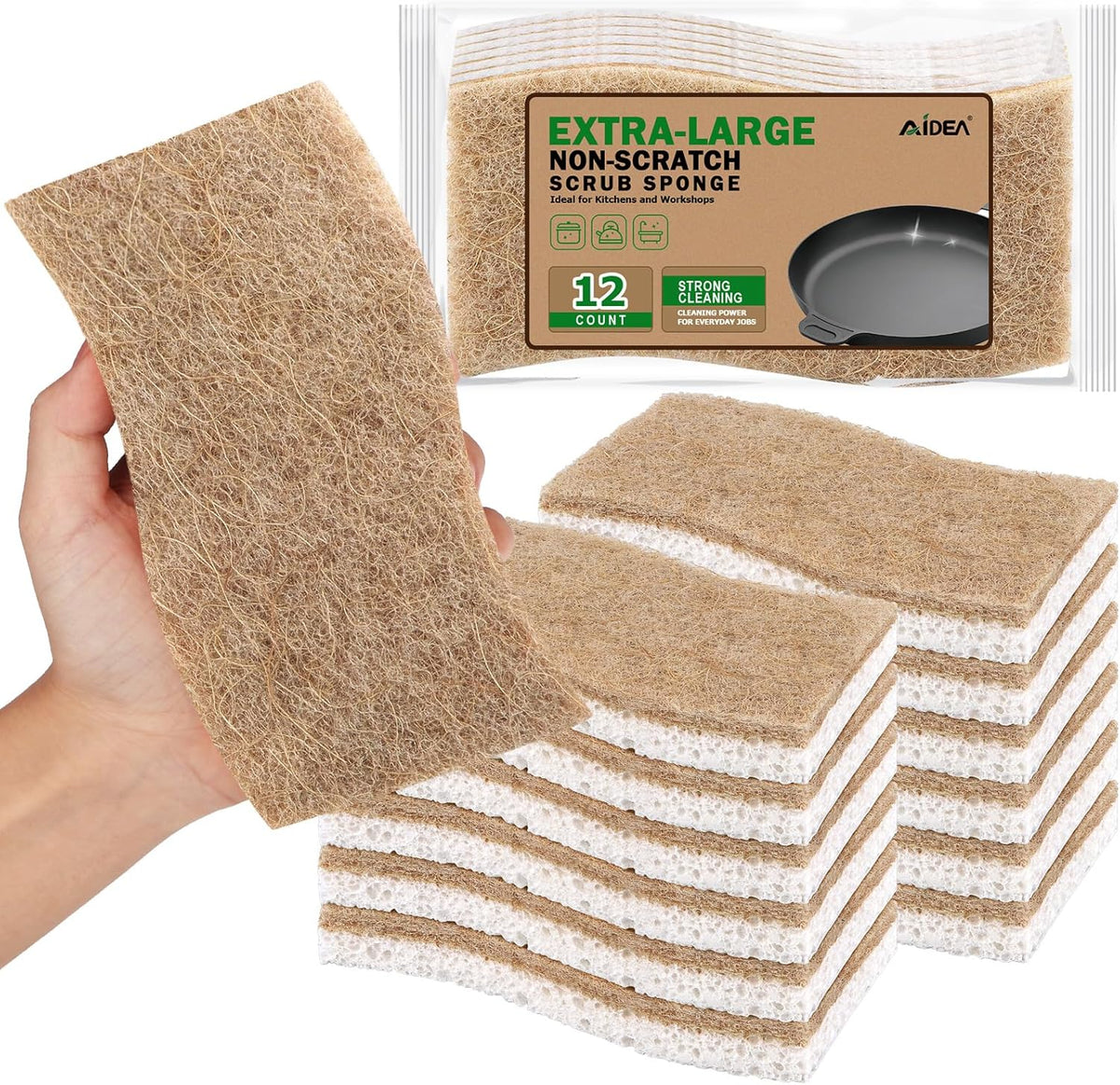 AIDEA XL Sponges Kitchen, 12Count, Non-Scratch Dish Sponges, Large Natural Sponge for Non Stick Cookware, Cellulose Cleaning Sponge for Dishes, Bathroom, Household