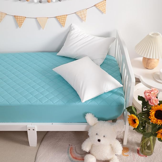 NTBAY 2 Pack Waterproof Crib Mattress Protector, Quilted 28"x52" Toddler Fitted Sheet - Machine Washable - Soft and Breathable Mattress Pad Cover for Crib, Nursery, Daycare, Cot, Aqua