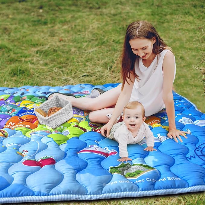 Baby Play Mat, 50x50 Playpen Mat with Super Soft Touch, Thick Activity Mat with Upgraded Anti-Slip Bottom, Machine Washable Crawling Mat for Floor & Picnic (Map)