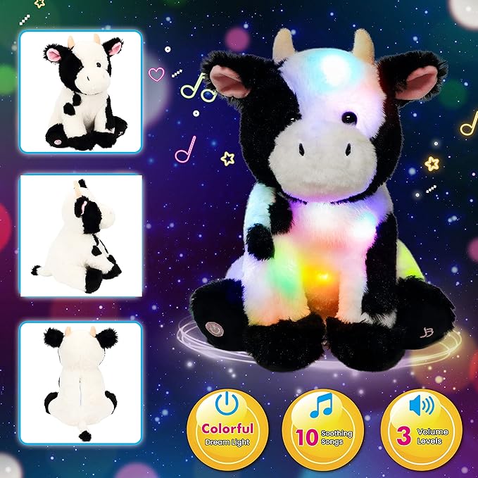 Cuteoy Light-up Singing Plush Cow LED Musical Stuffed Animal Adjustable Volume Lullaby Plushies Birthday Christmas Toy Gifts for Kids Toddler Girls, 13"