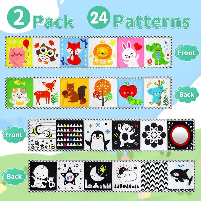 OKOOKO Black and White High Contrast Soft Baby Books 2PCS Washable Tummy Time Toy Crib Stroller Toy Montessori Sensory Toy Early Education for Newborn Baby Infant 0-6 6-12 Months