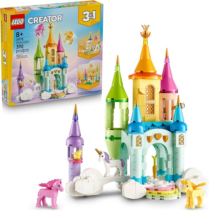 LEGO Creator 3 in 1 Unicorn Castle Building Toy for Kids - Unicorn Toy Trio for Girls & Boys, Ages 8+ - Build 3 Pretend Play Toys with 1 Set of Building Blocks - Gift Idea for Birthdays - 31175
