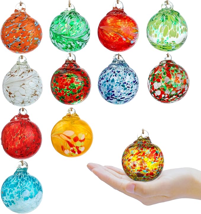 Set of 12 Hand Blown Glass Ornaments Hanging Gazing Balls Witches Balls, Outdoor Patio Garden Decor