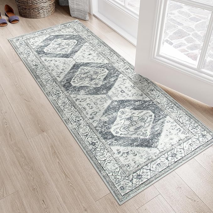 Lahome Boho Hallway Runner Rug 2x6, Washable Untra-Thin Non-Slip Kitchen Runner, Oriental Distressed Print Rug for Entryway Bathroom Laundry Room Bedroom, Grey