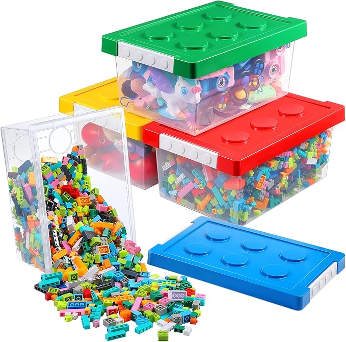 Vicenpal 4 Pack Toy Storage Containers with Lids Brick Shaped Kids Toy Organizer Box Plastic Clear Stackable Bin Chest for Building Block Dolls(Large,Red, Yellow, Blue, Green)