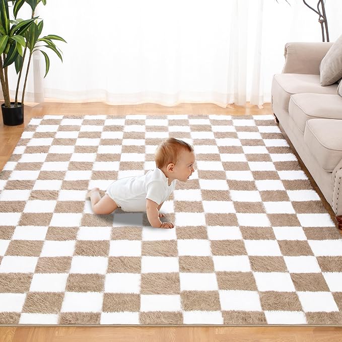 Super Soft Rug for Bedroom, 8x10 Ft Beige and White Area Rug Classic Checkered Shaggy Anti-Skid High Pile Soft Fluffy Rug Fuzzy Carpet for Living Room Bedroom Kids Room Nursery, Dorm Home Decor