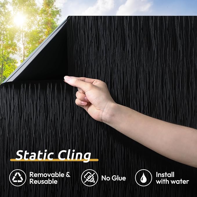 rabbitgoo Blackout Window Film, Sun Light Blocking Window Black Out Cover for UV Reduction, Removable Tint Room Darken Heat Control Frosted Glass Sticker for Home, Black, 35.4 x 78.7 Inches