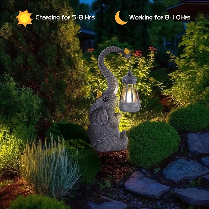 ILLUMINEW Solar Outdoor Garden Decor Elephant Statues Lights, Lucky Elephant Unique Mom Birthday Gifts for Mom, Housewarming Gifts and Yard Decoration, Cute Birds Garden Sculpture Decor