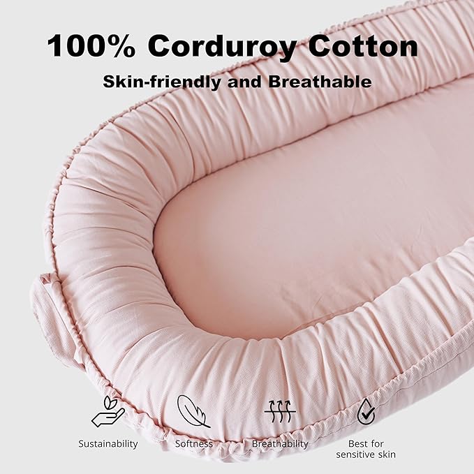 Infant Lounger, Baby Nest Cover for Baby Girls & Boys, Newborn Essentials for Baby 0-18+ Months, 100% Cotton Breathable (Mistyrose, Corduroy)