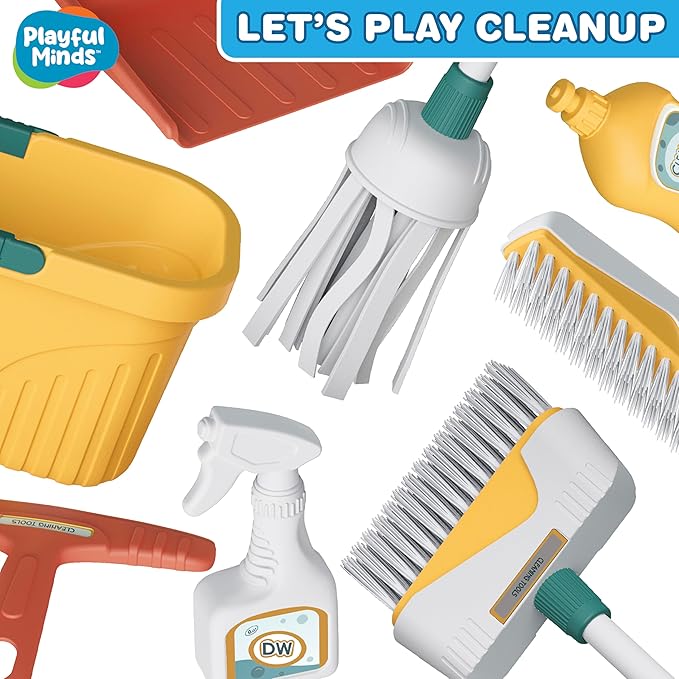 8-Piece Cleaning Playset for Toddlers - Broom, Mop, Pail, Dustpan, Brush, Squeegee, and Pretend Bottles - Perfect for Imaginative Play and Skill Building