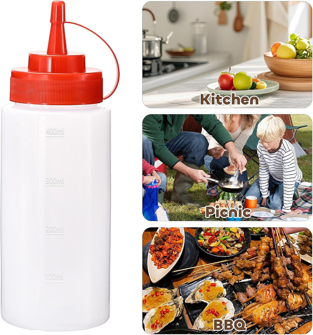 Condiment Squeeze Bottles Ketchup Dispenser, 4 Pack 16oz Squeeze Bottles for Liquids, Plastic Sauce Bottle with Cap Lid, Squirt Bottles for Sauces Liquids BBQ Dressing Pancake Art