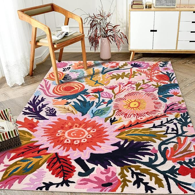 Handmade Wool Floral Area Rug for Living Room | Elegant Flower Garden Design, Soft, Thick and Durable | Bedroom, Dining Room & Home Decor Carpet (3' x 5', Floral E)