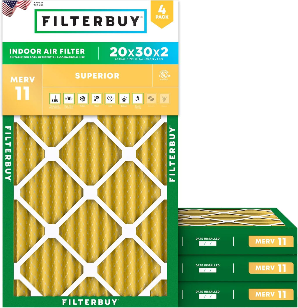Filterbuy 20x30x2 Air Filter MERV 11 (MPR 1200) Allergen Defense Replacement (4-Pack), Electrostatic Pleated HVAC AC Furnace Filters, Made in USA (Actual Size: 19.75 x 29.75 x 1.75)