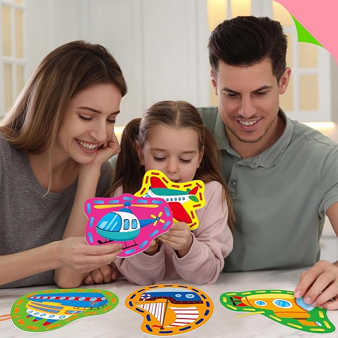 9 Pieces Kids Lacing Cards, Double Sided Vehicle Sewing Cards with 9 Colorful Laces, Imagination Development Lacing Toys Games for Children Educational and Learning Activity
