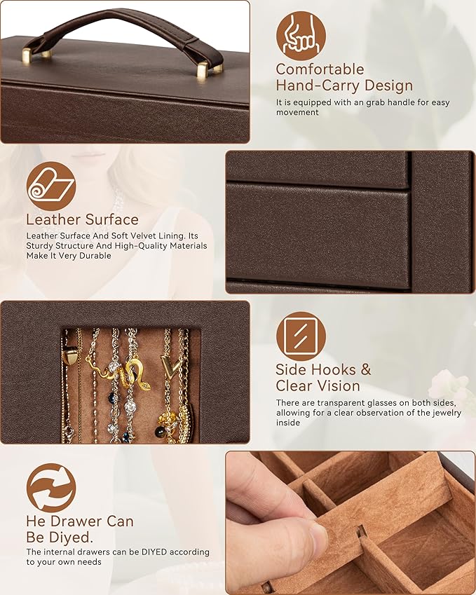 AKOZLIN 360° Rotating Jewelry Box 6-Tier Organizer Functional 360° Rotating Jewelry Storage Case for Women Girls Ring Necklace Earring Bracelet Holder with Mirror Brown