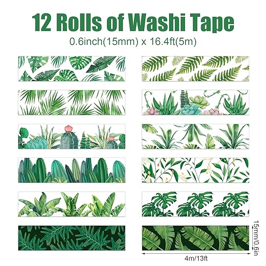 12 Rolls Greenery Washi Tape Set, Summer Tropical Leaves Masking Tape, Green Plants Cactus Succulents Decorative Tape Sticker for Scrapbook Journal DIY Craft Gift Wrapping 16.4FT