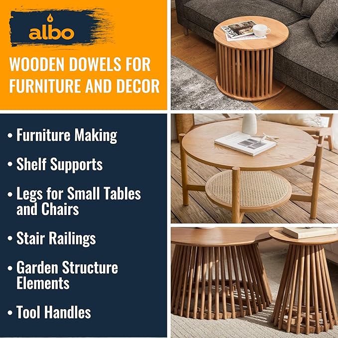 ALBO 1" x 12" Wooden Dowel Rods Set - 25 Pack Birch Natural Furniture Craft Sticks Shelf Supports Woodworking Pegs Hardwood Sanded Smooth Perfect Crafts DIY Projects Bulk Professional Pack