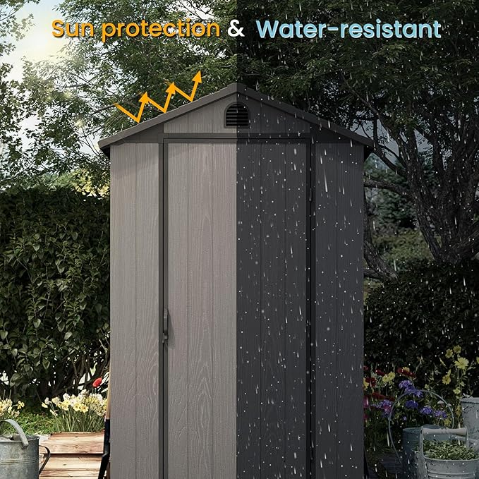 Patiowell 4 x 6 Resin Storage Shed with Floor, Outdoor Plastic Garden Shed with Lockable Door & Window, Easy Assembly Tool Shed for Backyard, Dark Gray