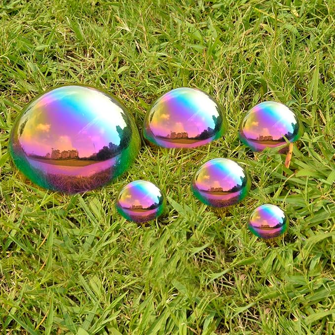 Nerien Gazing Ball, Stainless Steel Garden Mirror Globe, Polished Ornament Sphere, Hollow Floating Reflective Hemisphere, for Home Outdoor Pond Housewarming Swimming Pool Decoration, Gold, 6Pcs Mix