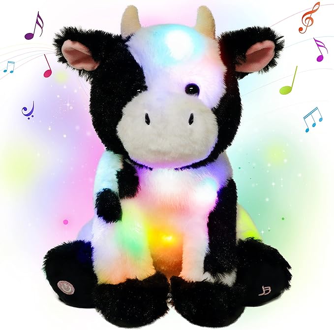 Cuteoy Light-up Singing Plush Cow LED Musical Stuffed Animal Adjustable Volume Lullaby Plushies Birthday Christmas Toy Gifts for Kids Toddler Girls, 13"