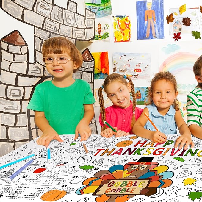 Family Fun Thanksgiving Activity Poster - 31.5 x 72 Inches, Turkey-Themed Thanksgiving Day Party, Versatile Paper Coloring Banner/Table Cover for Fall School Parties and Special Events Decoration