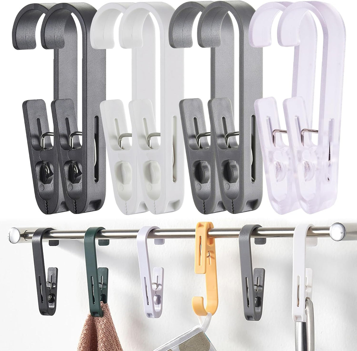 iBetterLife Clothes Pins Heavy Duty Outdoor - 8Pcs Large Laundry Hook Hangers with Clips Closet Organizer Clamps Hanging Socks Boot Bras Towels Shower Pegs for Bathroom Wardrobe Kitchen Office