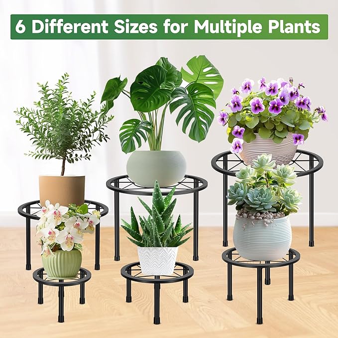 6 Pack Metal Plant Stands, Heavy Duty Plant Stand for Indoor Outdoor, Anti-Rust Iron Flower Pot Stands Outdoor Plant Holder, Potted Plant Shelf for Living Room Balcony Garden Patio, Black
