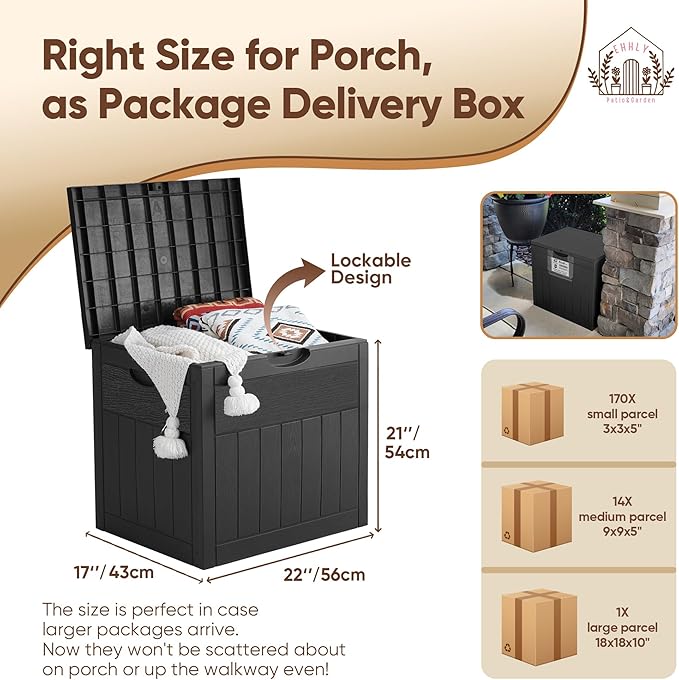 33 Gallon Outdoor Storage Box, Small Deck Box Waterproof, Lockable Secure Package Bin Delivery Box for Outside Front Porch, Patio Cushions Storage Box, Delivery Driver Snack Box for Porch, Black
