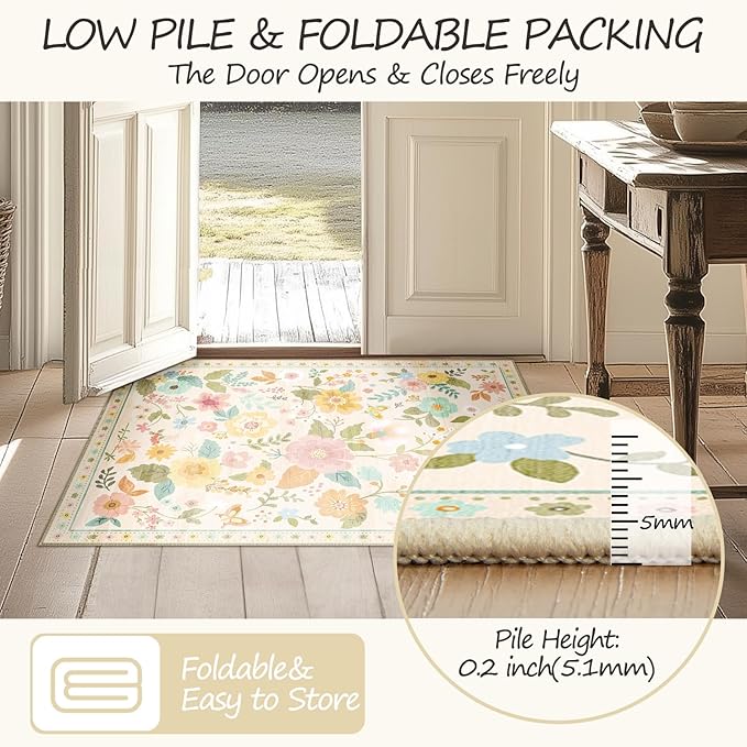 Floral 5x7 Area Rug Machine Washable Soft Print Boho Carpet Non Slip Doormat Low Pile Flower Area Rugs for Living Room Bedroom Nursery Kitchen Dining Room Indoor-Beige/White/Orange