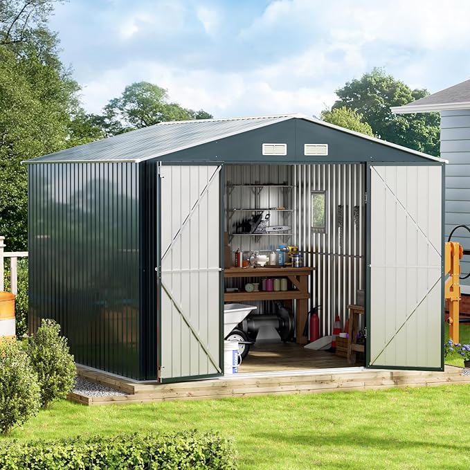 10X10X7.5 FT Outdoor Steel Storage Shed with Lockable Doors, 2 Windows, Frame Floor (No Wood/Other Boards), Ideal for Garden, Backyard, Patio Storage