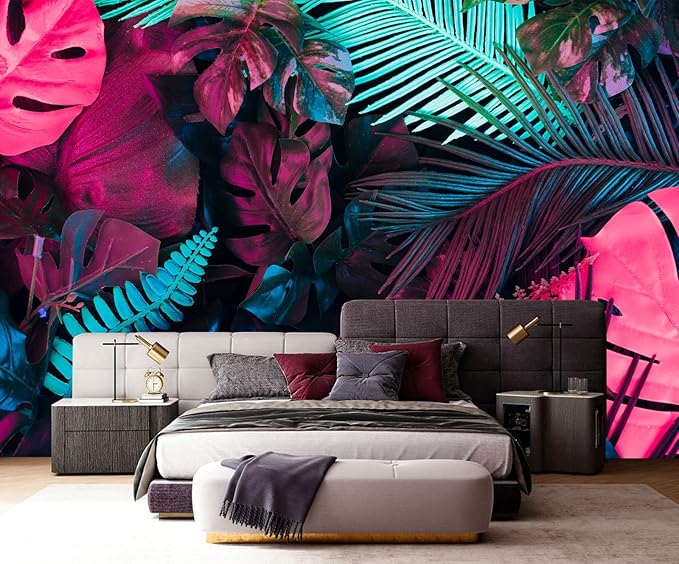 Tropical Plant Rose Red Banana Leaf Fabric Wallpaper Mural for Bedroom Living Room Basement(Not Self-Adhesive)
