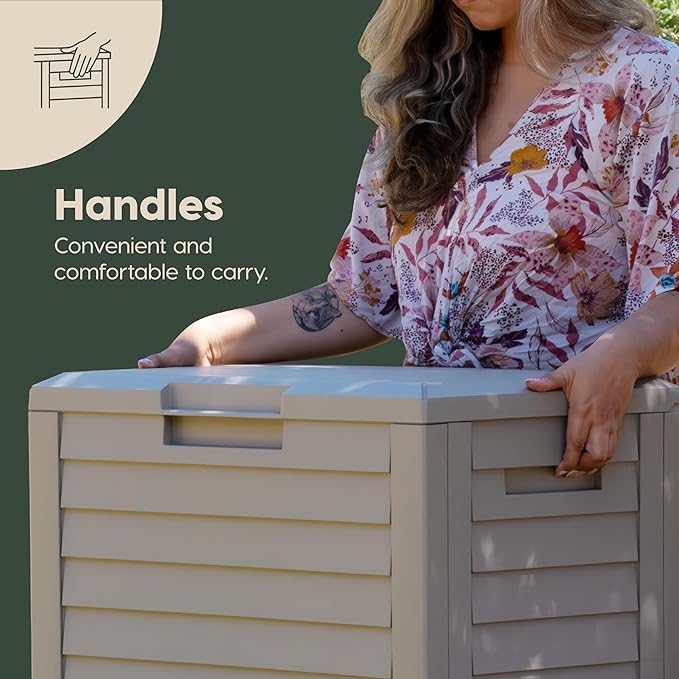 IRIS USA 35-Gallon Outdoor Deck Delivery Storage Box, Lockable & UV-Protected, Weather-Resistant Patio Storage for Cushions, Garden Tools & Packages, Waterproof Resin, Durable & Stylish Design - Beige
