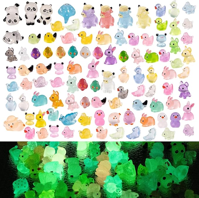 110 Pack Mini Animals Tiny Animal Figurines Bulk for Miniature Glow in Night Dollhouse Decor Accessories Garden Aquarium Potted Ornament Party DIY Charms Office Classroom Activity to Hide