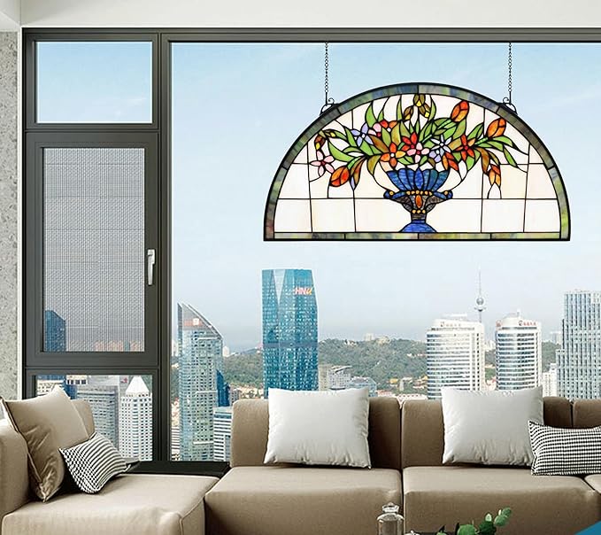24 inch Flower Stained Glass Window Hanging Half Moon Shade,100% Real Stained Glass Panelfor Home Decor(YLK005)