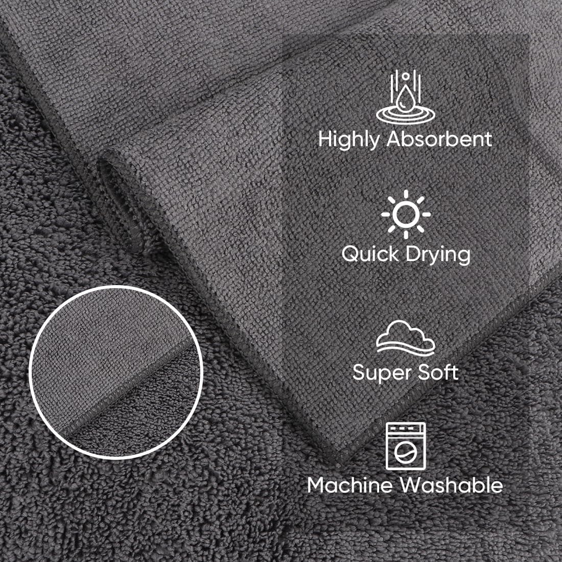 HOMEXCEL Microfiber Washcloths 24 Pack, Highly Absorbent and Soft Face Towel, Multi-Purpose Grey Wash Cloths for Bathroom, Hotel, Spa, Gym, and Kitchen, 12x12 Inch