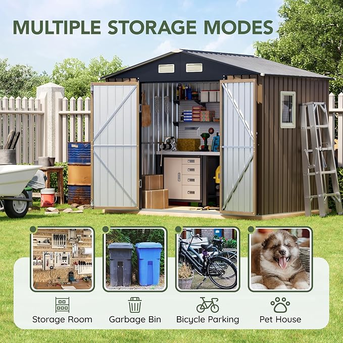 6x8FT Outdoor Metal Storage Shed, Double Door, 1 Clear Window, Tool Shed for Garden, Patio, Backyard Brown