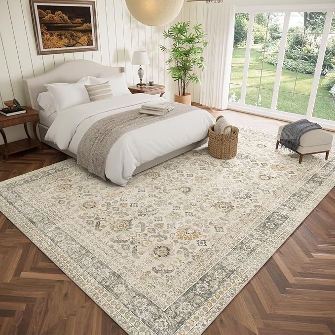Washable 9x12 Area Rugs for Living Room, Boho Non-Slip Silicone Backing Rugs for Bedroom Dining Room Nursery Office, 0.3" Neutral Oriental Throw Carpet with 0.16" Cushioning Pad, Grey/Multi